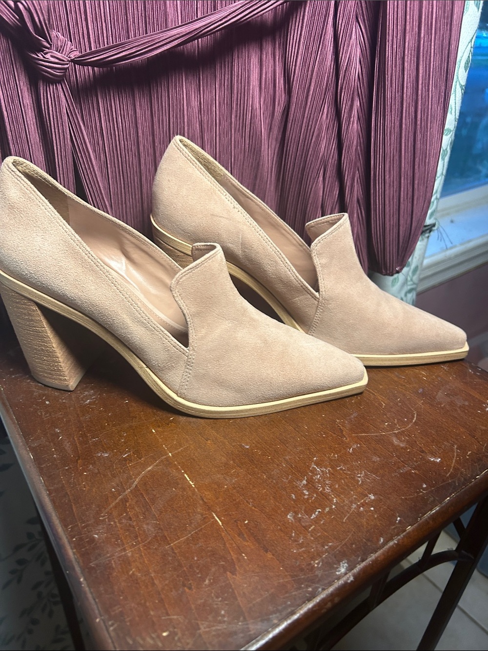 Vince Beige Suede Block Heel Slip-On Pumps